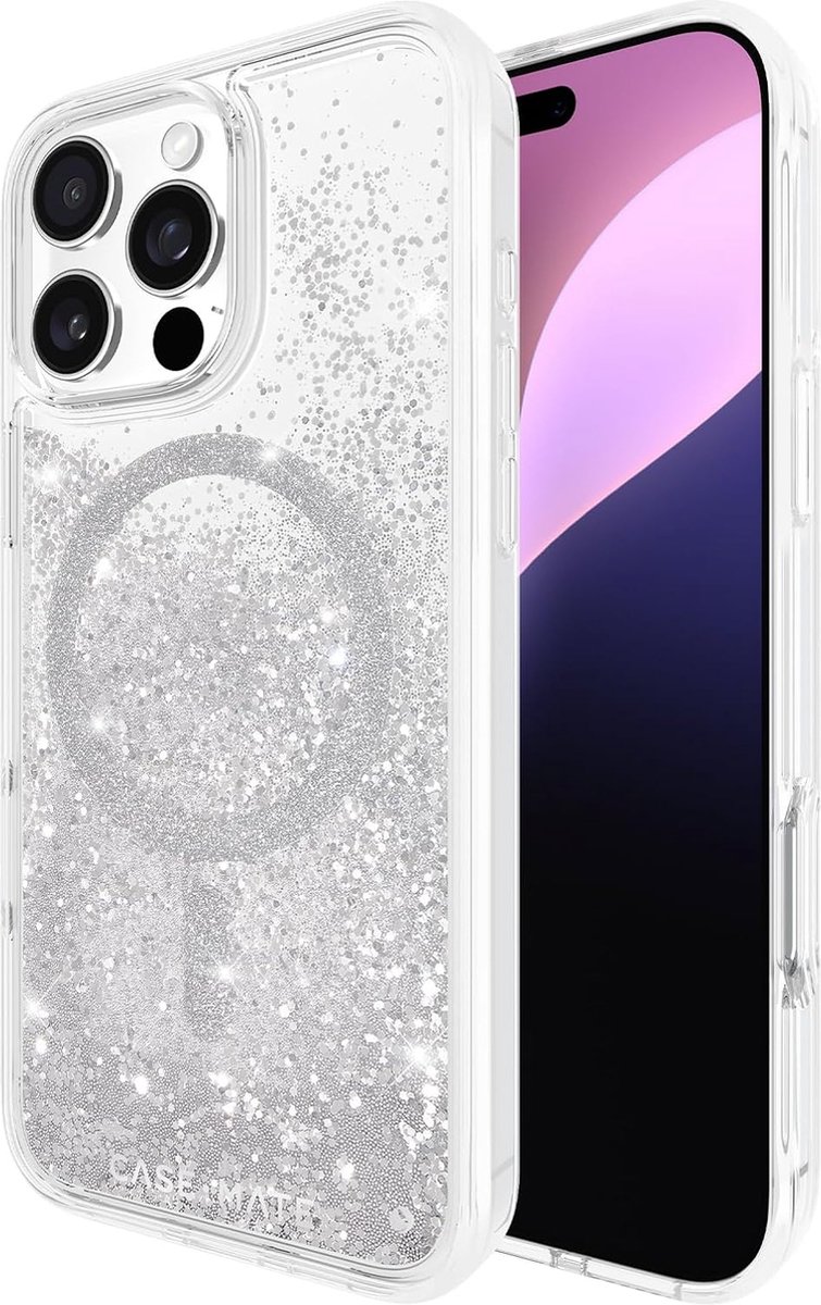 Case-Mate Waterfall Silver Case geschikt voor iPhone 16 Pro Max - Compatible met MagSafe - Glinsterende Waterval Telefoonhoesje met 3 meter valbescherming