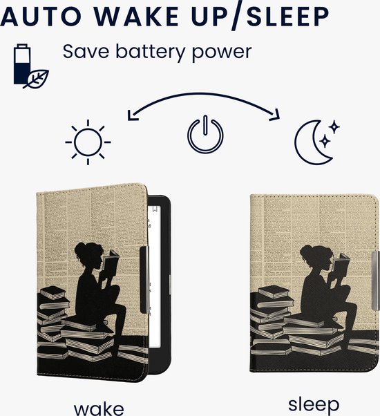 kwmobile e-reader hoesje geschikt voor Kobo Clara BW / Colour hoes - E reader flip case met magneetsluiting - Ereader cover - Meisje met boeken design in zwart / beige van Merkloos — afbeelding 5