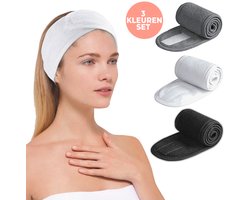 SIMIA™ Premium Verstelbaar Badstof Hoofdband - Haarband - Badstoffen Bandeau - Make Up - Schoonheidsspecialist - Professioneel en Thuisgebruik - 3 STUKS - MIX - Wit, Grijs en Zwart