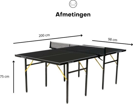 Zwarte tafeltennistafel met net. Afmetingen: 200cm lengte, 98cm breedte, 75cm hoogte.