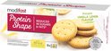Modifast Protein Shape koekjes, vanille-citroen smaak. Stapel van vier ronde, beige koekjes met gele citroen- en vanille-elementen.