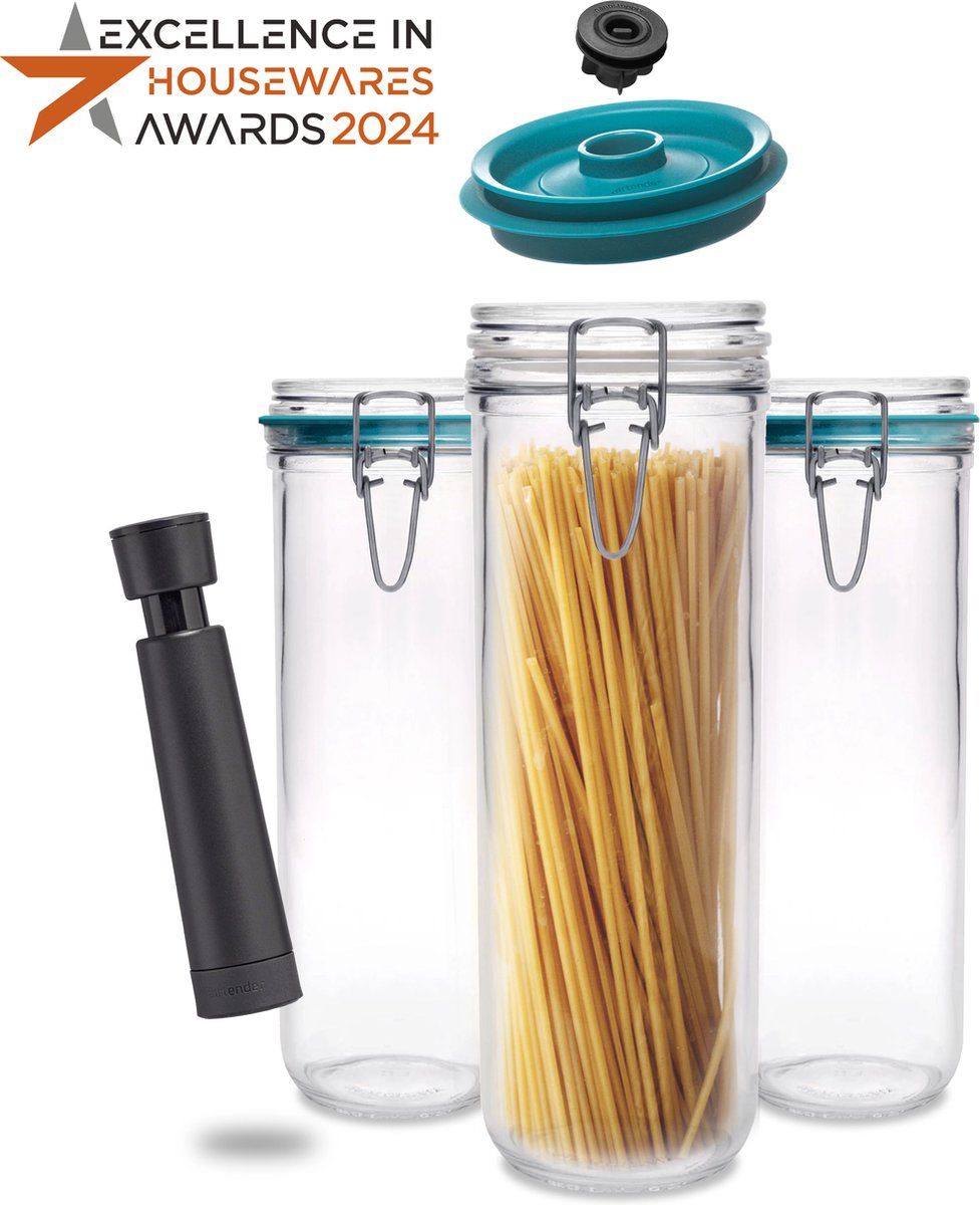 Airtender Spaghetti VacuümPot 1500ml | Voordeelset van 3 | Weckpotten met Beugelsluiting incl. Vacuümdeksels & GRATIS Vacuümpomp