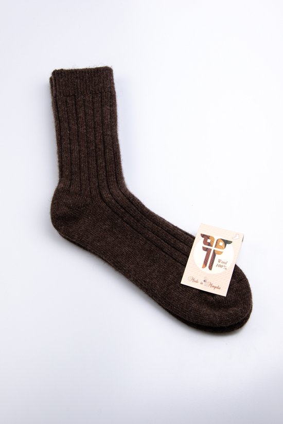 Fabriqué en Mongolie - Chaussettes en laine - 100% Laine de mouton - taille 40-45 - Brun foncé / Grijs - Chaussettes de marche - autonettoyantes