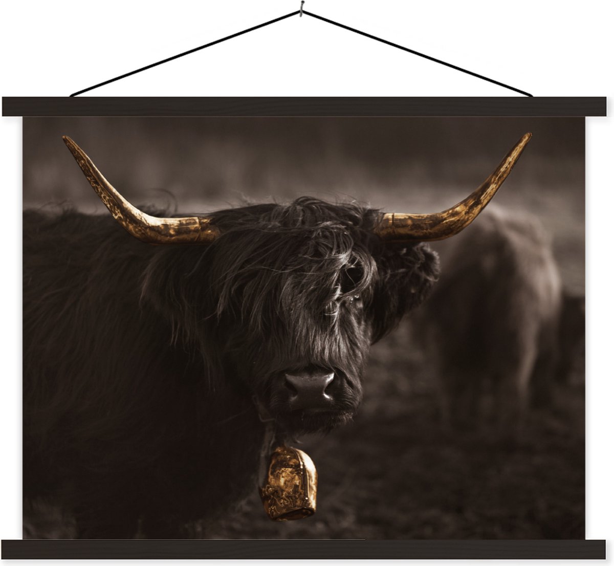 Posterhanger incl. Poster 40x30 cm - Schoolplaat - Schotse hooglander - Goud - Koebel - Hoorns - Dieren - Textielposter - Zwarte latten