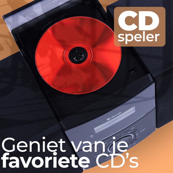 Zwarte Denver micro-installatie met een rode CD in de geopende CD-speler.