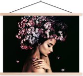 Posterhanger incl. Poster 150x113 cm - Schoolplaat - Bloesem - Vrouw - Roze - Bloemen - Luxe - Textielposter - Blanke latten