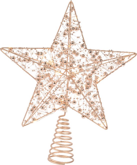 Gouden ster kerstboom piek versierd met kleine gouden parels en LED-lampjes, met spiraalvoet.
