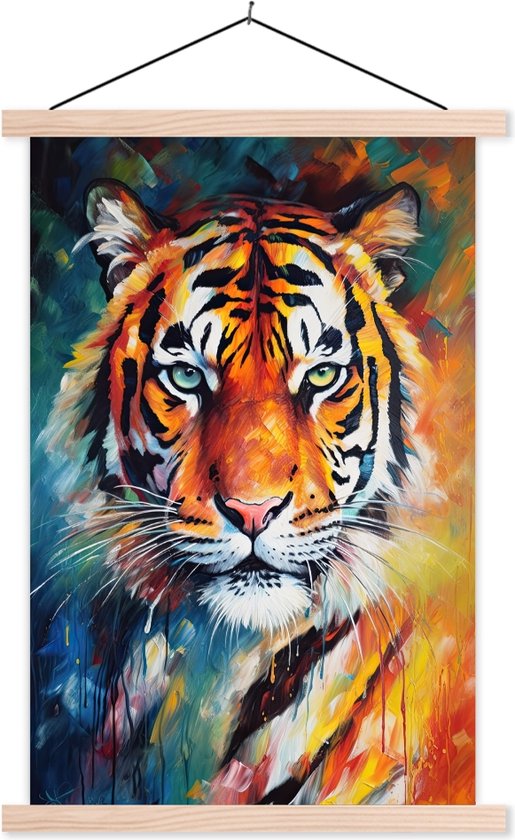Accroche-affiche incl. Affiche 40x60 cm - Affiche scolaire - Tigre - Animaux - Peinture à l'huile - Art - Affiche textile - Lattes blanches