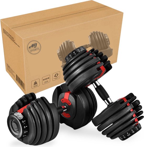 AJ-Sports Verstelbare Dumbells Rood - 2kg t/m 24kg - Gewichten - Dumbells set - Gewichten set - Smart Dumbells - Halterset - Krachttraining - Fitness - Gym - Sport - Crossfit - 15 Dumbells in één! - Set van 2 Stuks!