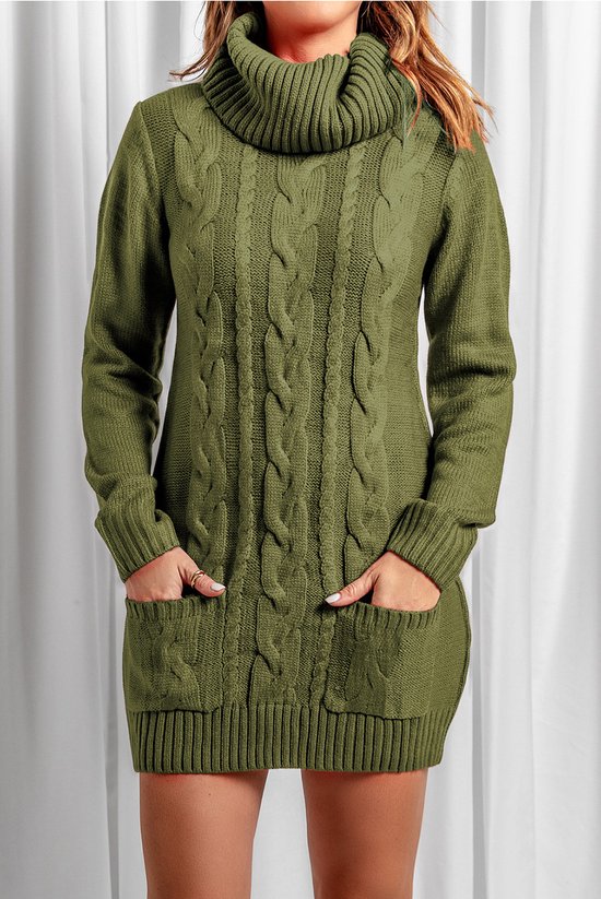 Lange Gebreide Trui Dames - Dames Coltrui - Jurk - Olijfgroen - Maat M