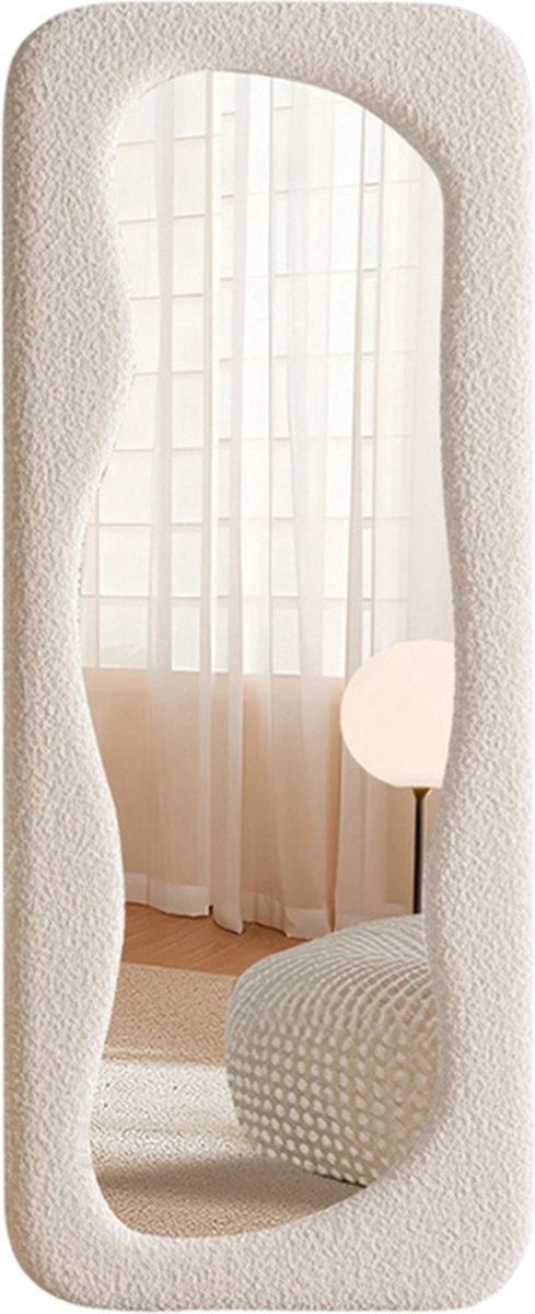 SensaHome Gestoffeerde Staande Spiegel Curvy - Assymetrische Organische Passpiegel Boucle Stof - 60x160 - Teddy Wit