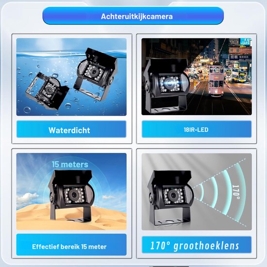 Hodozzy Achteruitrijcamera met 9 inch 4 gedeelde monitor, 4 camera's AHD nachtzicht IP68 waterdicht, voor achter camera met kabel 2 x 10 m en 2 x 20 m, 12 V 24 V