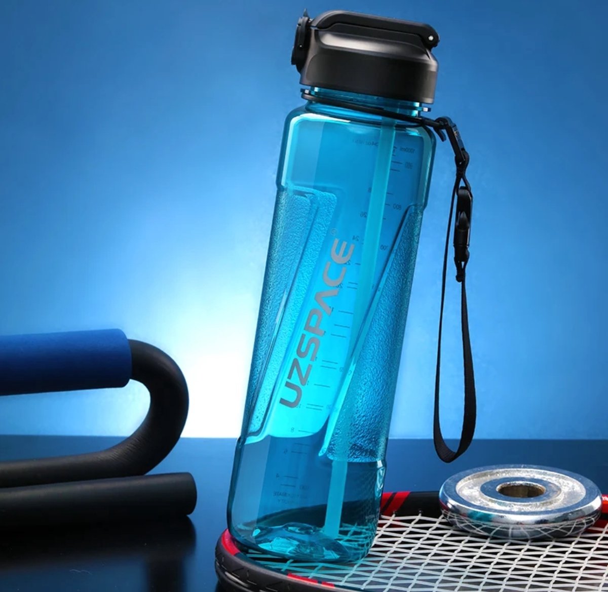 UZSPACE Waterfles - Drinkfles met Rietje 1000 ml – BPA-Vrije Tritan Waterfles – 100% Lekvrij – Herbruikbare Sportfles met 1-Klik Deksel – Voor School, Sport & Kantoor – Blauw