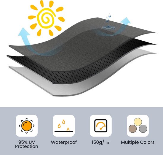 YRHome Zonnezeil, rechthoekig, uv-bescherming, 95% lichtdoorlatend, weerbestendig, robuust, voor tuin, terras, balkon, van scheurbestendig HDPE, met 12 m touwen, antraciet