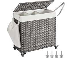 wasmand met de hand gevlochten, waszak met deksel, met 3 vakken, opvouwbaar, met wielen, van polyrotan, handgrepen, katoenen waszak in de machine wasbaar, natuurlijke kleuren LCB363G01