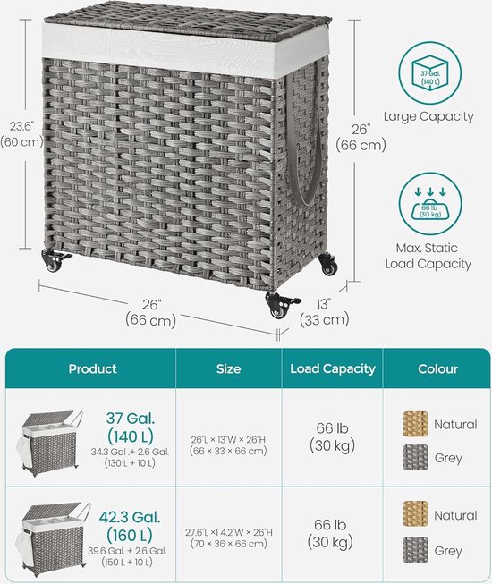 LIVINGSIGNS 140L panier à linge tissé à la main, sac à linge avec couvercle, avec 3 compartiments, pliable, avec roues, en polyrotin, poignées, sac à linge en coton lavable en machine, couleurs naturelles LCB363G01