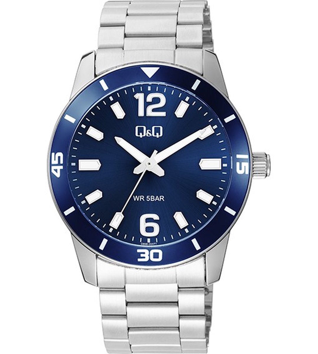 QQ Q85B-004PY - Horloge - Polshorloge - Analoog - Heren - Mannen - stalen band - Rond - Metaal - Streepjes - Cijfers - Zilverkleurig - DonkerBlauw