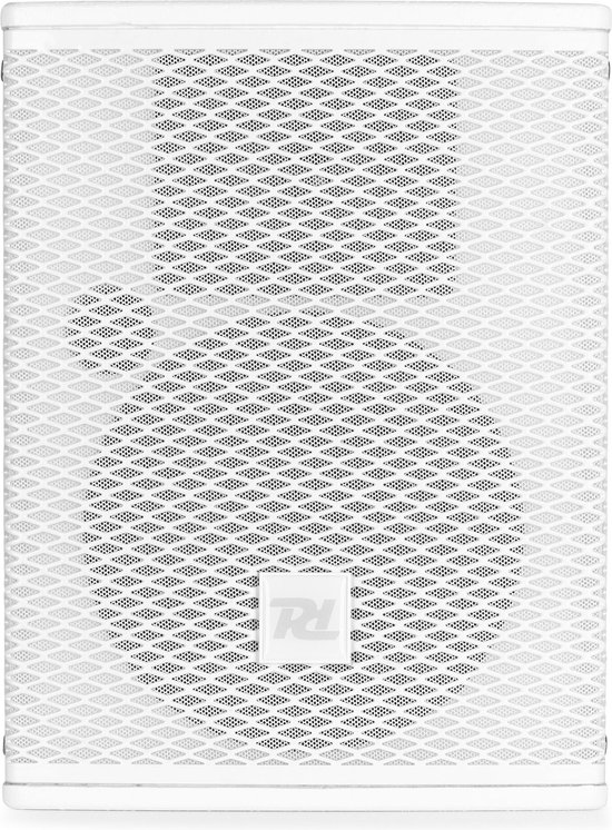 Witte luidspreker met een volledige grill met een diamantpatroon en een centraal logo.
