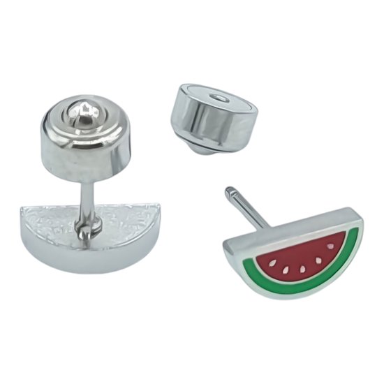 Boucles d'oreilles pastèque pour filles - Petits clous - Acier Premium couleur argent - 10 × 7 mm
