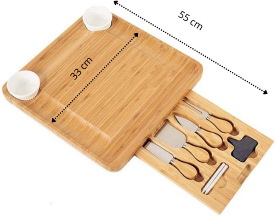Kicinn Borrelplank Incl. Kaasmesjes, Vorkjes, schaaltjes en extra Serveerplank - Tapasplank Hout - Kaasplank - Serveerplank - Bamboe ( Standaard