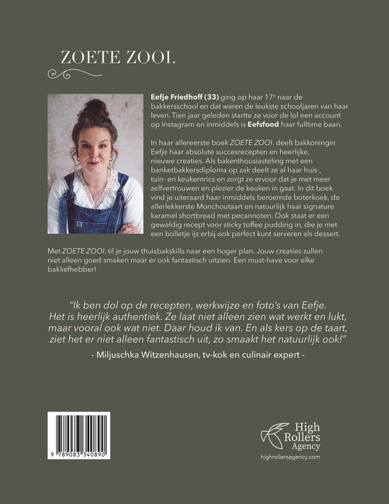 Boekomslag met een foto van Eefje Friedhoff, met recepten voor 'ZOETE ZOOI'.