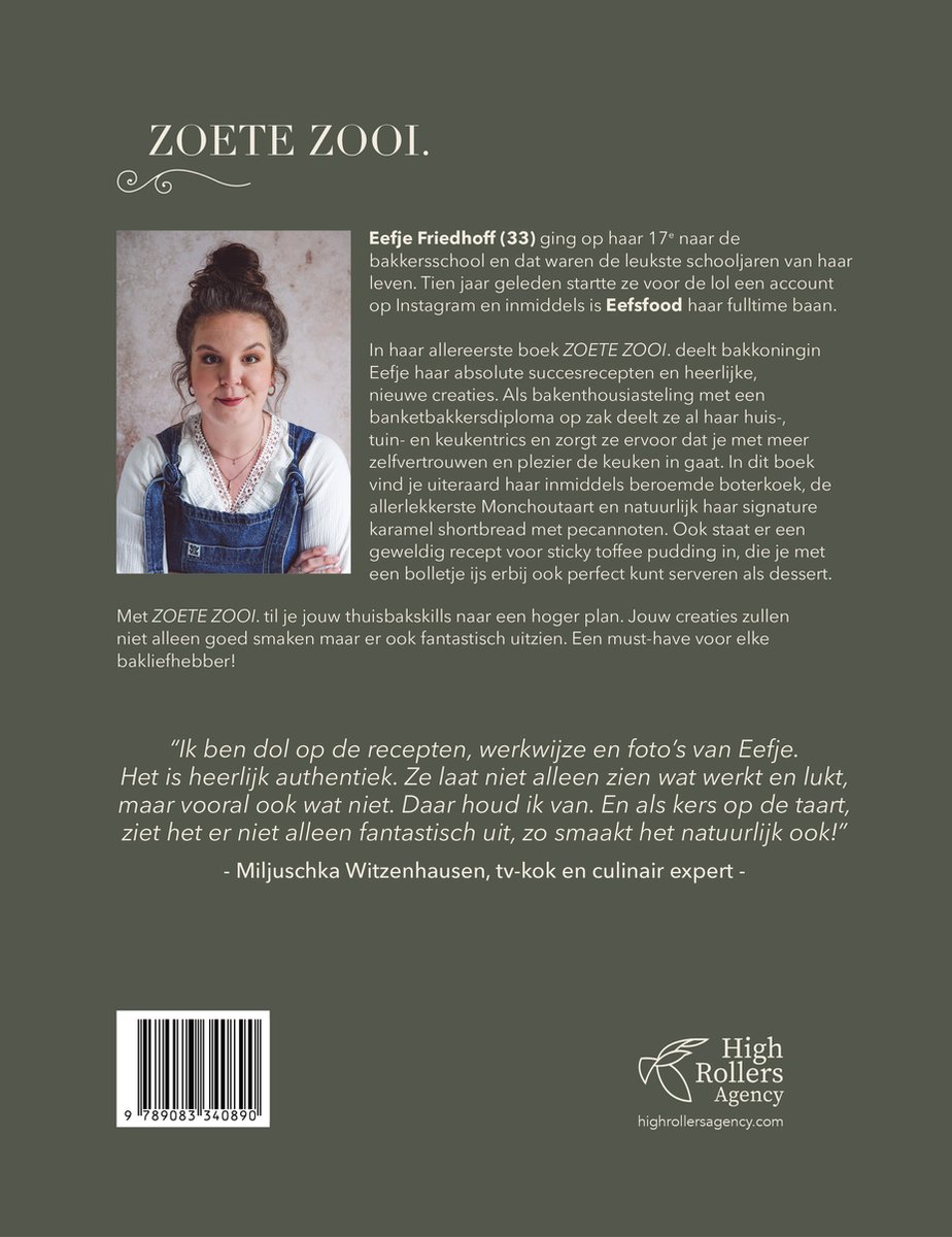 Boekomslag met een foto van Eefje Friedhoff, met recepten voor 'ZOETE ZOOI'.