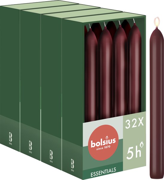 Bolsius - Bougies chandelles lisses - 17 cm - 32 pièces - Rouge Bordeaux
