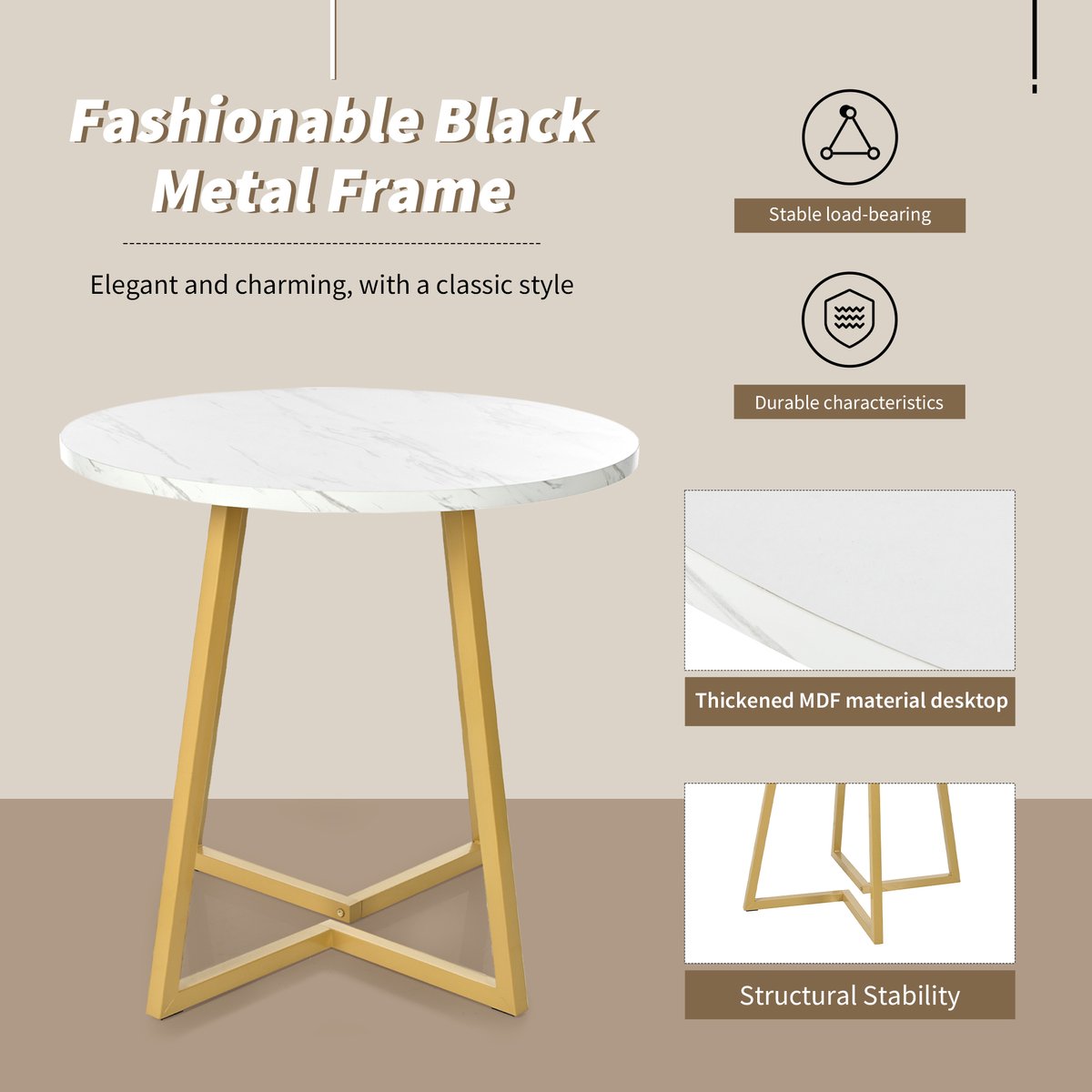 Gutent Ronde Eettafel (1 stuk), Wit/Goud, MDF-materiaal, Eettafel voor keuken, uniek metalen frame, moderne eettafel met marmerpatroon voor eetkamer, woonkamer
