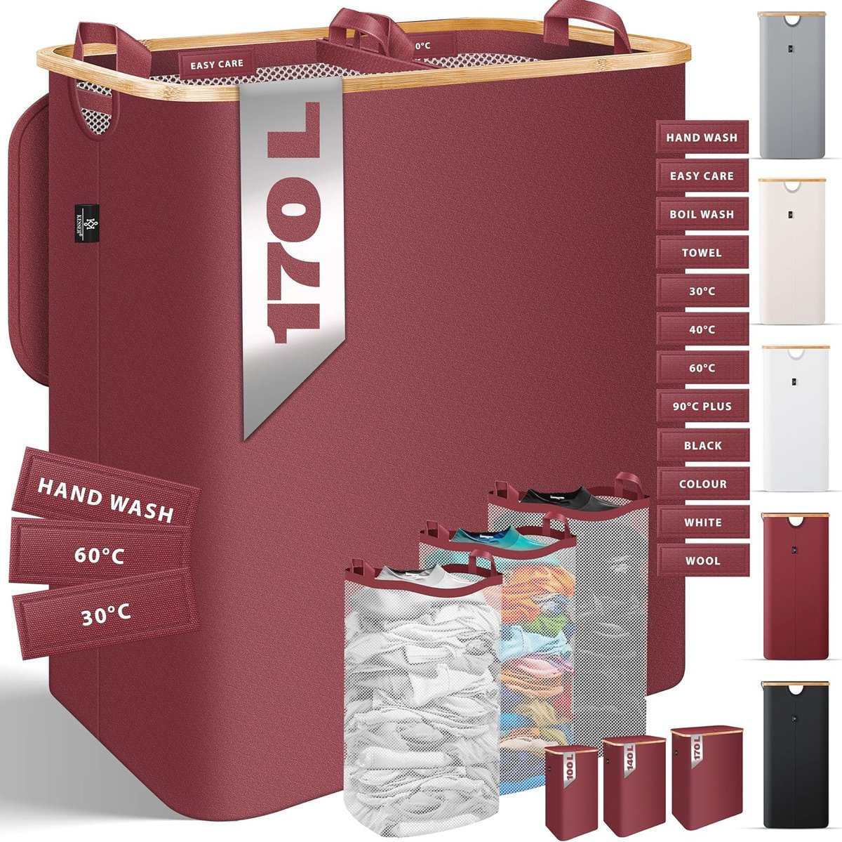 Goedkoopste Wasmand met Deksel en 2 Vakken - Opvouwbaar, 170 Liter, Inclusief 3 Uitneembare Waszakken - Wassorteerder