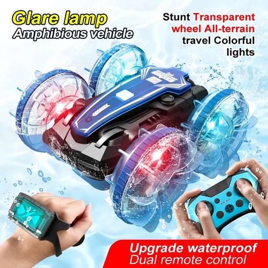 Horloge Afstandsbediening Led Amfibische Rc Auto Dubbele Afstandsbediening Waterdichte Stunt Dubbelzijdige Flip Drift Drive 360 ° Rotatie 4WD Off-Road Monster Truck In WATER, Modderige Paden tot Ruige Rotsen - Compacte Kinderen Speelgoed - Draadloos