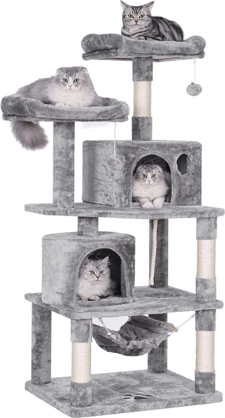 Grijze kattenboom met vier katten op verschillende niveaus, waaronder een hangmat.