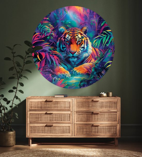 WallCircle® - Papier peint cercle 120x120 cm - Stickers muraux Tigre - Animal - Jungle - Coloré - Cercle mural chambre ado - Décoration chambre - Accessoires chambre ado - Cercle mural chambre jeunesse