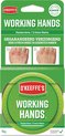 O'Keeffe's Working Hands Handcrème in verpakking. Bevat voor-en-na foto's van droge, gebarsten handen. De pot is groen.