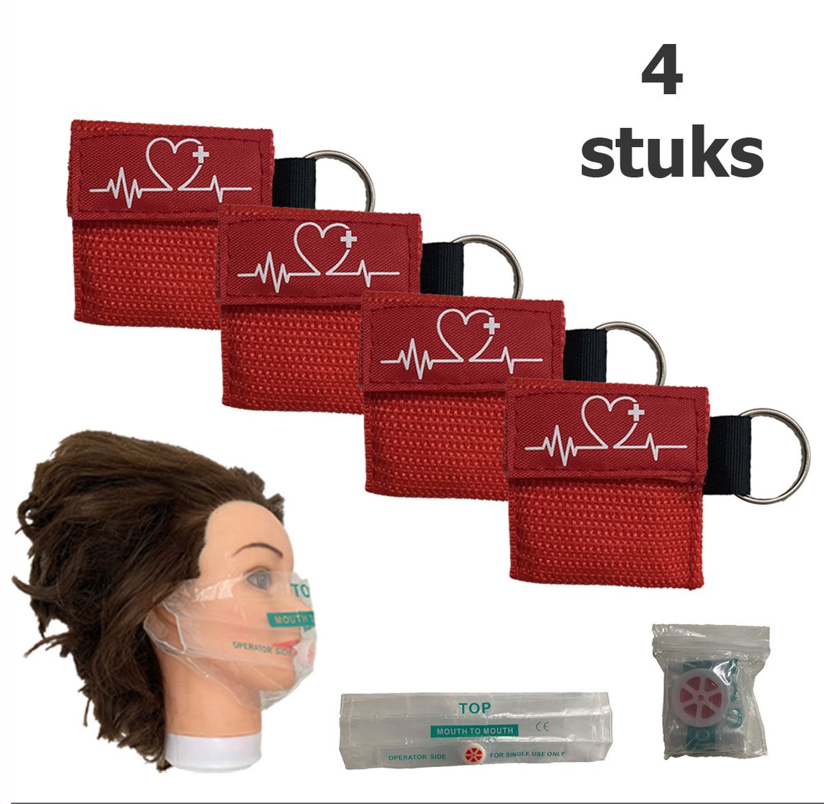 Goedkoopste Reanimatiemasker - Kiss of Life - Beademingsmasker - Sleutelhanger - Veilig reanimeren - Rood - 4 stuks