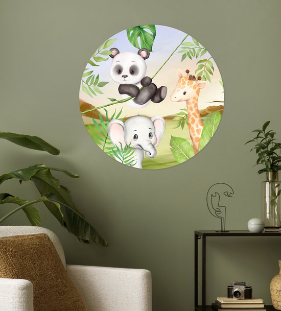WallCircle - Stickers muraux muraux - Cercle de papier peint - Jungle - Feuilles - Animaux - Vert - 50x50 cm - Cercle mural - Autocollant - Autocollant de papier peint rond