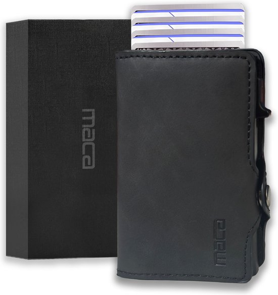 Maca Pasjeshouder Zwart - Creditcardhouder - 12 pasjes + briefgeld - Kaarthouder - Uitschuifbaar - Mannen & Vrouwen - Leer - RFID - Luxe - Met Cadeauverpakking