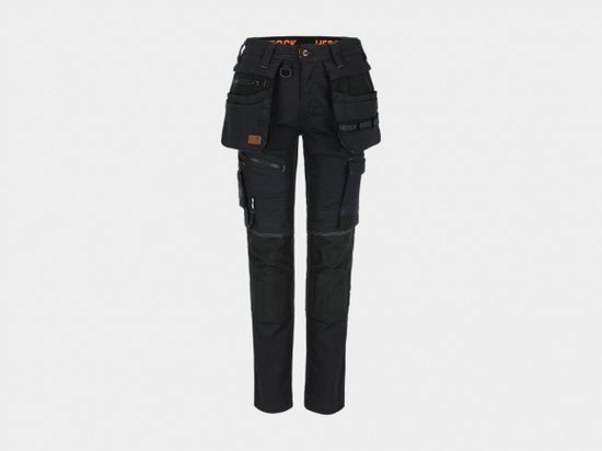 Zwarte werkbroek met veel zakken en oranje band met Herock-logo aan de binnenkant.