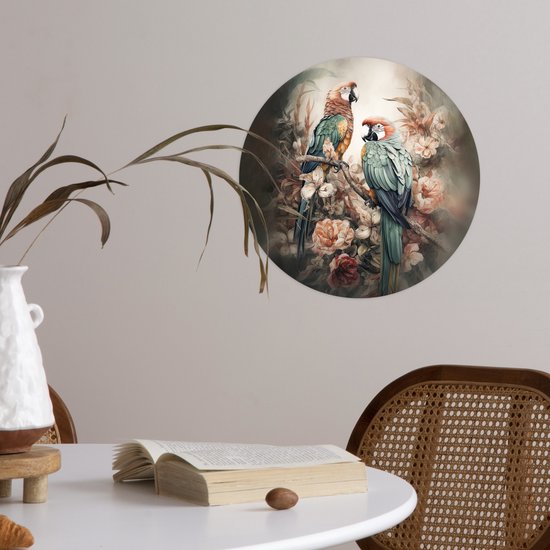 WallCircle - Stickers muraux - Cercle Papier Peint - Perroquets - Vogels - Nature - Fleurs - 30x30 cm - Cercle Mural - Auto Adhésif - Autocollant Rond Papier Peint