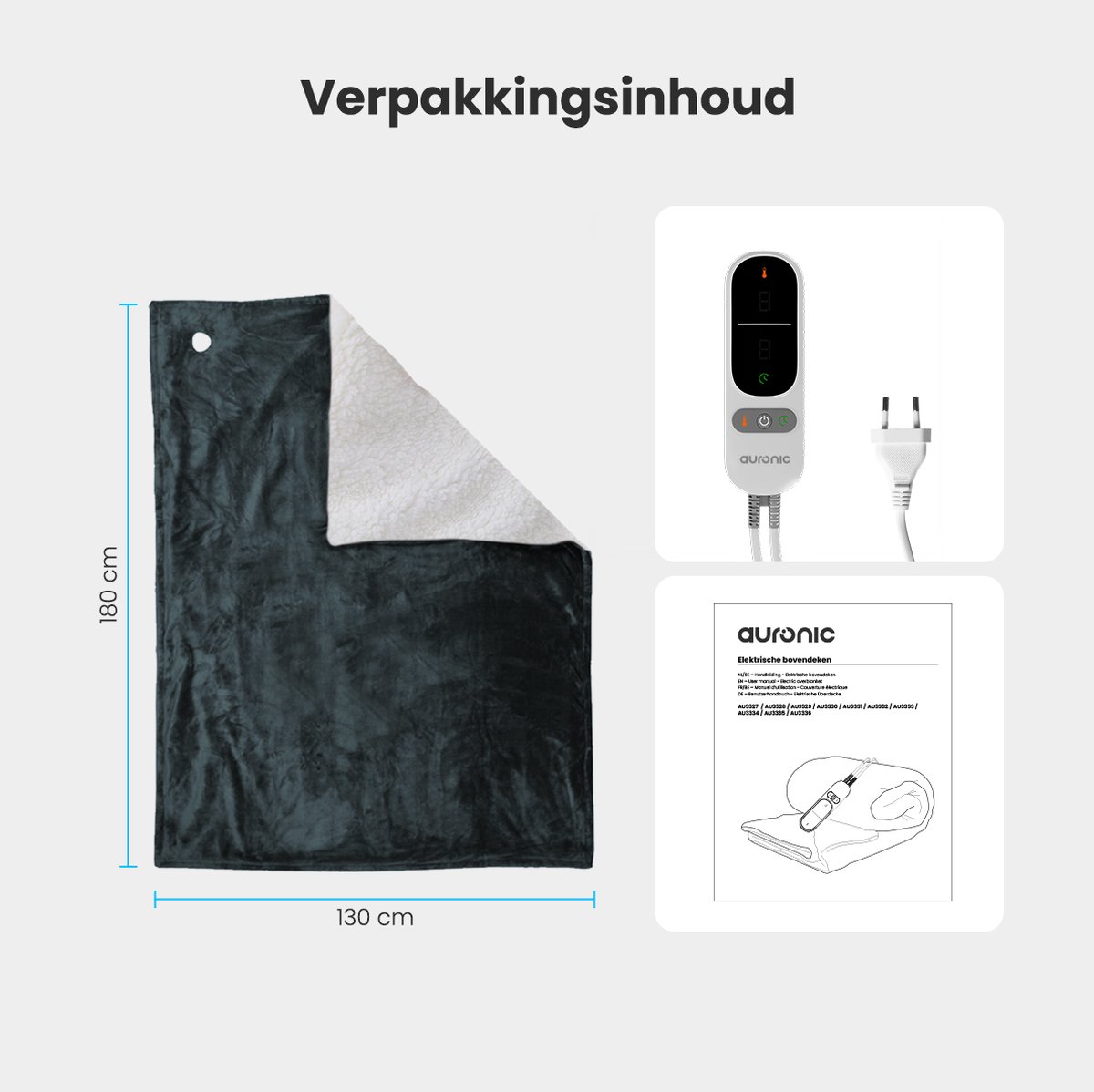 Auronic Elektrische Deken - 180 x 130 cm - 1 Persoons Warmtedeken - 9 Warmte en Timerstanden - Verwarmingsdeken - Sherpa Fleece - Antraciet – foto 7