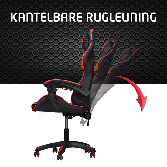 No Fear Gaming Stoel - Game Stoel met Nek- en Onderrugkussen - Ergonomische Bureaustoel in Hoogte Verstelbaar 46 tot 56cm - Gamestoel Rood/Zwart