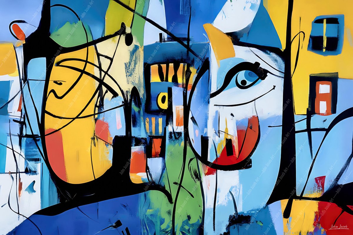 John Joseb Art (Canvas) 90x60 | Abstracte kunst in Herman Brood stijl, kleurrijk | geometrisch, rood, geel, groen, blauw, modern | Foto-Schilderij canvas print (wanddecoratie)
