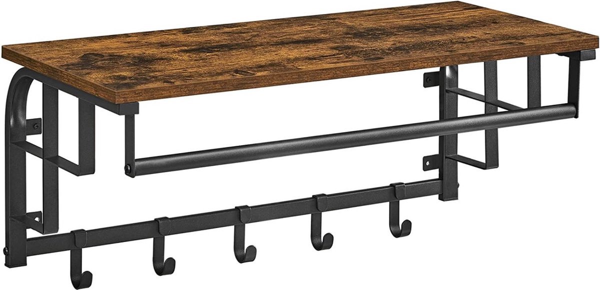 MAZAZU MIRA Home Wandkapstok met Plank en Hangstang - Kapstok met 3 Haken - 66x30x27 cm - Bruin/Zwart
