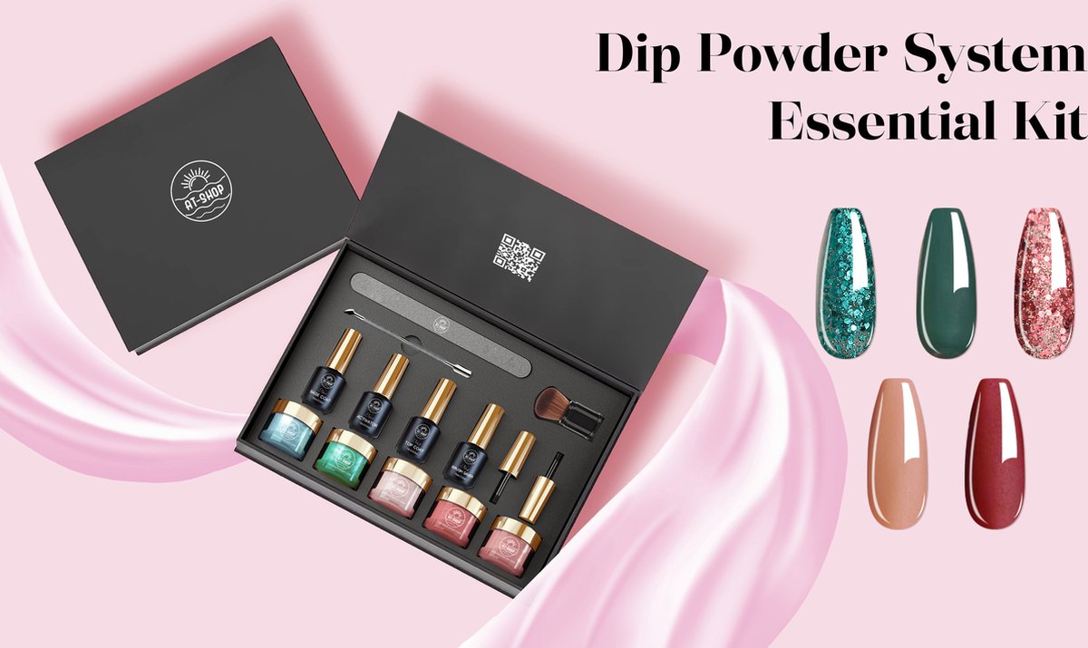 Goedkoopste AT-Shop - Dipping Powder- Starters kit - 5 kleuren- COMPLETE SET - nagelvijl - nagelriemduwer- Dip poeder - Dip nagel - Nailart - Nail- Pink Gellac starter set