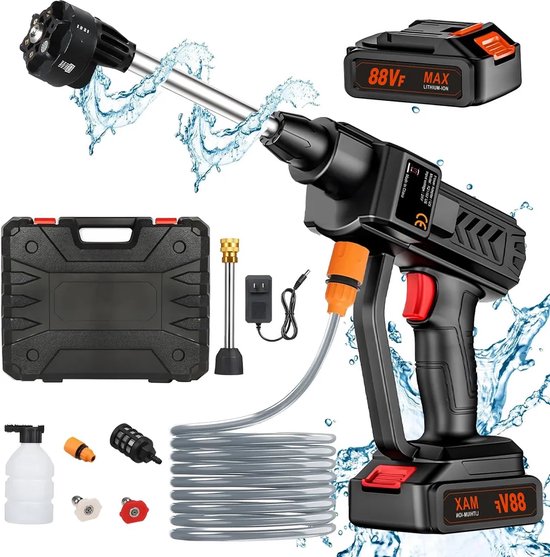 Traumheim® Hogedrukreiniger - op batterijen - 300W hogedrukreiniger -- Krachtige hogedrukspuit - autoreiniger - met 2 batterijen - slang van 5 m - voor het reinigen van auto's, besproeien- 2* 1500mAh batterijen