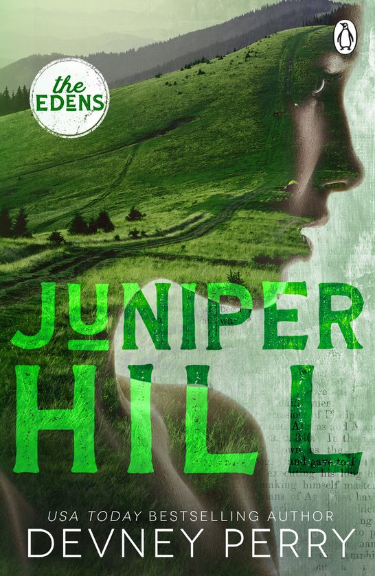 Couverture de livre avec le titre 'JUNIPER HILL' en grandes lettres vertes, représentant le visage d'une femme se fondant dans un paysage vallonné verdoyant.