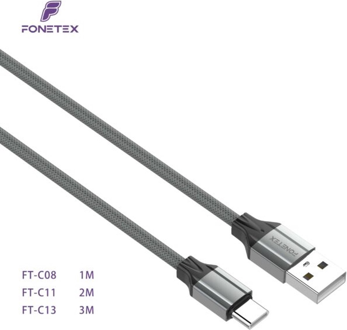 FoneTex Fast Charging Cable USB to USB type C 1M, TPE, Gray FT-C08