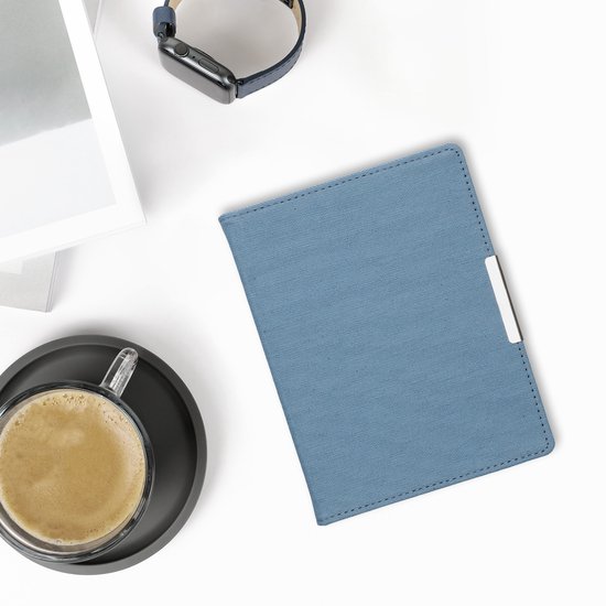kwmobile e-reader hoesje geschikt voor Kobo Aura H2O Edition 2 hoes - E reader flip case met magneetsluiting - Ereader cover - Denim design in blauw van Merkloos — afbeelding 4