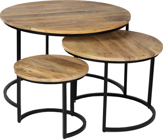 Salontafel set van 3 mango 70cm dia 2cm dik blad