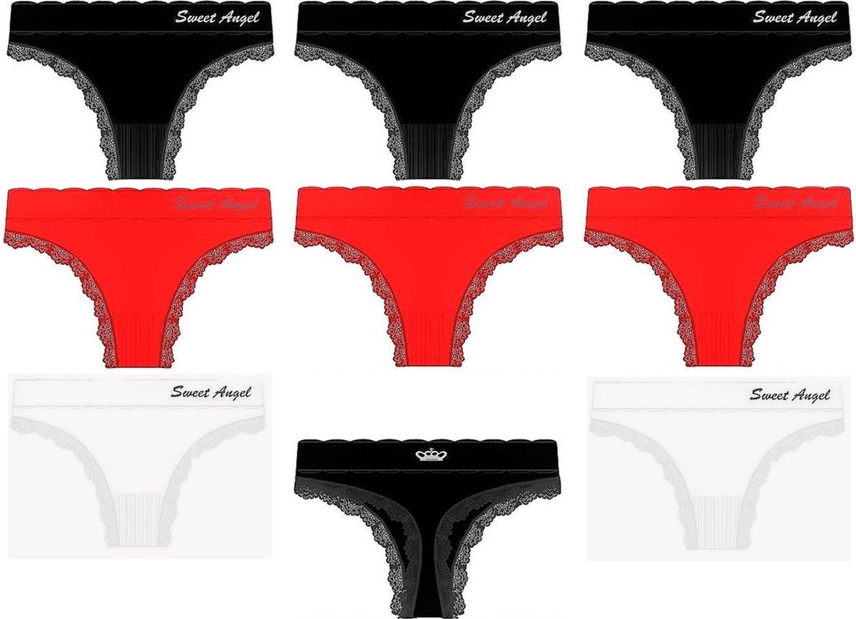 Sweet Angel – 8 stuks Dames Strings met Kant – One Size (S-M) – Zwart, Rood en Wit
