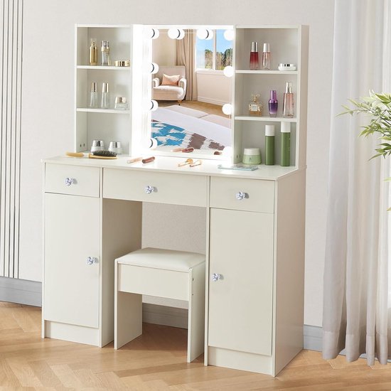 Make-uptafel met led-spiegel, make-uptafel met 5 laden en 6 legplanken, 40 x 80 x 134 cm, kaptafel met uittrekbare opslag, moderne stijl van hout, wit
